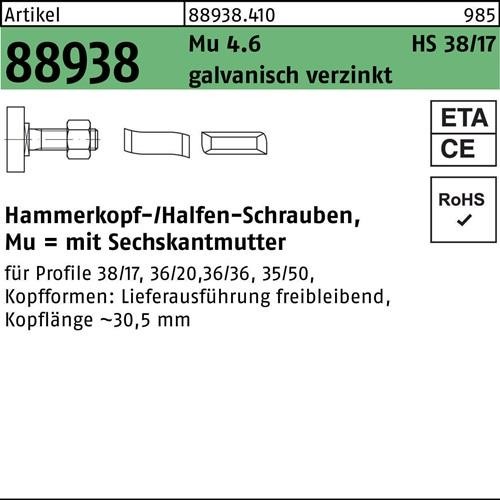 100 Stk. Halfen Hammerkopfschraube R 88938 38/17 6-ktmutter M10x40 Mu4.6 100 Stk. Halfen Hammerkopfschraube R 88938 38/17 6-ktmutter M10x40 Mu4.6 von Halfen-Deha