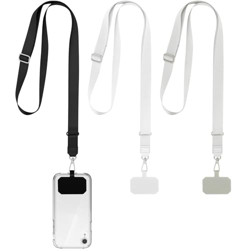Halinuia 3 Stück Handykette Universal Einstellbar Handy Band zum Umhängen Schlüsselband mit 3 Stück Universelles Pad Set Kompatibel Smartphones(Schwarz+Grau+Weiß) von Halinuia