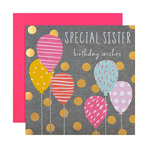 Hallmark Geburtstagskarte für Schwester – Modernes gemustertes Luftballons-Design, Beige | Gold | Blau | Schwarz | Rosa von Hallmark