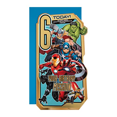 Hallmark Geburtstagskarte zum 6. Geburtstag, Marvel-Avengers-Design, Aktivität innen, Gold, Blau von Hallmark