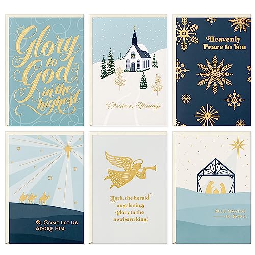 Hallmark Religiöses Weihnachtskarten-Sortiment, himmlischer Frieden, 36 Karten und Umschläge, Staubblau und Goldfolie von Hallmark