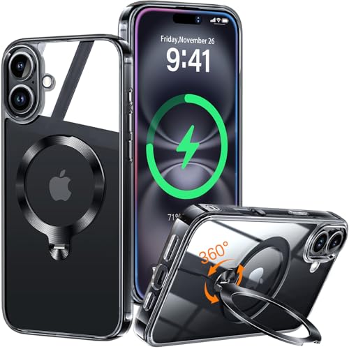 HaloArt 360° Drehbarer Ständer Magnetische Hülle für iPhone 16 Plus [Stabilster Unsichtbarer CD-Ring Ständer für Mag-Safe] [ Nr.1 Magnetkraft & Militärschutz] Stoßfest Schutzhülle Dünn, Schwarz von HaloArt