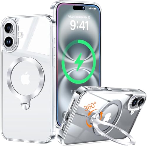 HaloArt 360° Drehbarer Ständer Magnetische Hülle für iPhone 16 [Stabilster Unsichtbarer CD-Ring Ständer für Mag-Safe] [ Nr.1 Magnetkraft & Militärschutz] Stoßfest Schutzhülle Dünn, Klar von HaloArt