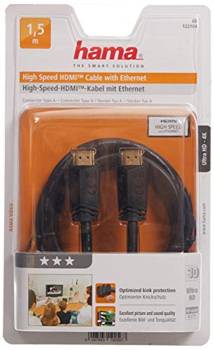 Hama 00122104 HDMI-Kabel (hohe Übertragungsgeschwindigkeit, Ethernet, Stecker auf Stecker, vergoldete Steckverbindungen, 1,5 m) von Hama