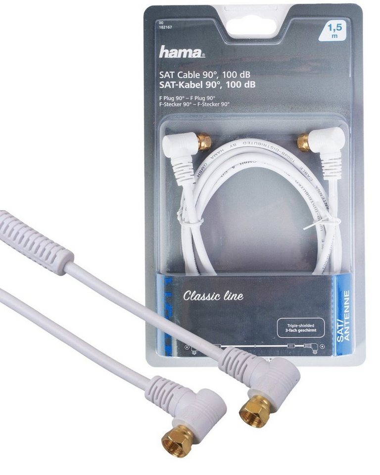 Hama 1,5m Sat-Kabel 100dB 4K HD TV Antennen-Kabel Video-Kabel, F-Stecker, Kein (150 cm), 90° Winkel-Stecker, vergoldet, 100 db, Koax-Kabel mit F-Stecker von Hama