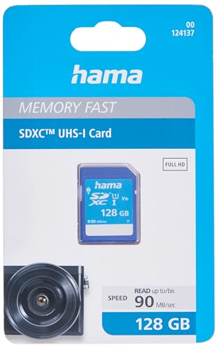 Hama 128 GB SDXC-Speicherkarte, Class 10, V10, UHS-I (bis zu 90MB/s, für Full-HD- und 3D-Video-Aufnahmen, z.B. Digitalkamera, Camcorder, Videokamera, mit Schreibschutz) SDXC-Card von Hama