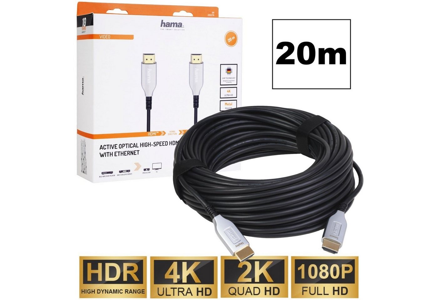 Hama 20m HDMI-Kabel Lang Anschluss-Kabel Optisch Video-Kabel, HDMI, (2000 cm), AOT 4K UHD Full HD TV 3D HD TV LED LCD OLED Plasma vergoldete Stecker von Hama