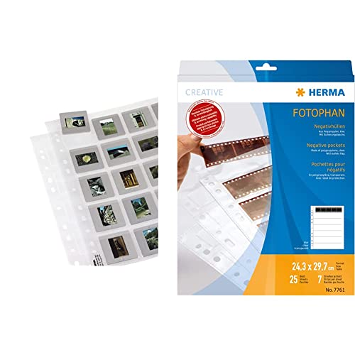Hama 25 Diahüllen für gerahmte Dias transparent & Herma 7761 Fotophan Negativhüllen DIN A4 transparent (7 x 5 Streifen, 25 Hüllen, Folie) für Kleinbild-Negative im Format 35 mm mit Sicherheitslasche von Hama