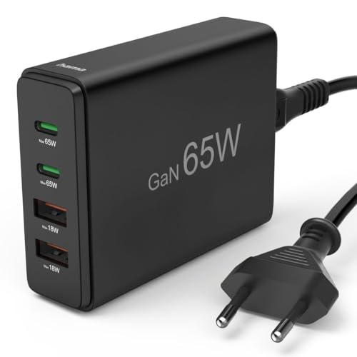 Hama 4-Fach USB GaN Ladestation Schnellladegerät 65W (Mehrfach USB Ladestation USB C PD/USB A, Schnell-Ladegerät Multiport Charger mit Kabel, für MacBook/Laptop, Handy, iPhone, Samsung etc.) schwarz von Hama