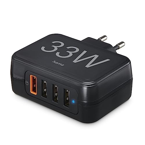 Hama 4-Fach USB-Ladegerät mehrfach USB-A 33 W (USB-Schnellladegerät Qualcomm® Quick Charge™ 3.0, USB-Adapter Steckdose, 4 Port Ladegerät für iPhone u.v.m., Handy-Ladestation mehrere Geräte) schwarz von Hama