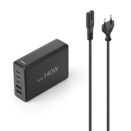 Hama 5-Fach USB GaN Ladestation Schnellladegerät 140W (Mehrfach USB-Ladestation USB-C PD/USB A, Multiport Charger mit Kabel für Handy, iPhone, Samsung, Tablet, iPad etc. GaN-Netzteil Laptop) schwarz von Hama