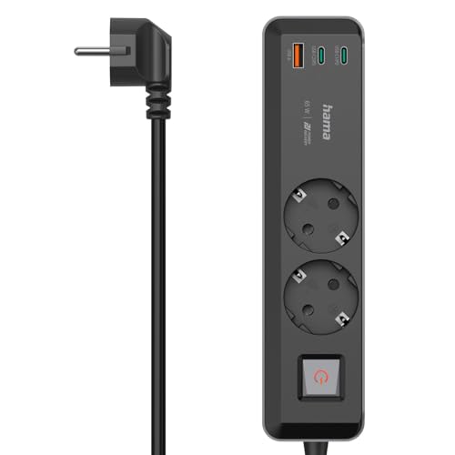 Hama 5in1 Steckdosenleiste mit USB 65W Ladegerät (2 Steckdosen, 1 USB-A, 2 USB-C, Laptop USB C Ladegerät 65W per USB ohne Netzteil Schnellladefunktion PD, Mehrfach-Steckleiste mit Schalter, 1,4m) grau von Hama
