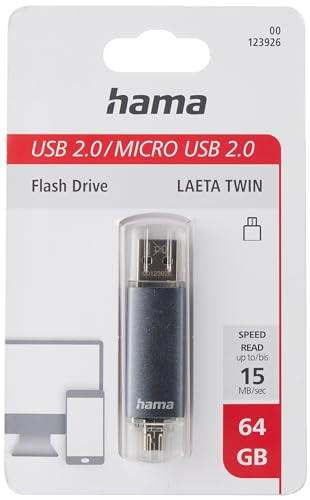 Hama 64GB USB-Speicherstick mit USB 2.0 & microUSB (2-in-1 USB-Stick, z.B. für Android Handy, Tablet, Computer, Notebook, PC, Laptop, MacBook, OTG, 15MB/s) Handy-Stick, Doppel Memory-Stick grau von Hama