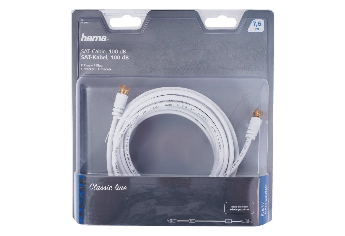 Hama 7,5m Sat-Kabel 100dB 4K HD TV Antennen-Kabel Video-Kabel, F-Stecker, Kein (750 cm), 7,5m, für TV etc, 100 db 3-Fach geschirmt, Koaxial-Kabel mit F-Stecker von Hama