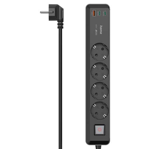 Hama 7in1 Steckdosenleiste mit USB 65W Ladegerät (4 Steckdosen, 1 USB-A, 2 USB-C, Laptop USB C Ladegerät 65W per USB ohne Netzteil Schnellladefunktion PD, Mehrfach-Steckleiste mit Schalter, 1,4m) grau von Hama