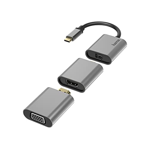 Hama Adapter Set, 6in1 Hub mit USB-C (USB C Adapter mit Mini-DisplayPort, HDMI™, VGA für PC, Notebook, Tablet, TV oder Beamer, Ultra HD Kinoqualität 4K, kompatibel mit Thunderbolt) Aluminium von Hama