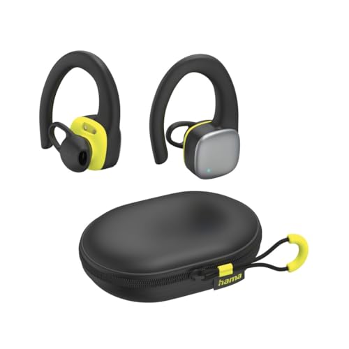 Hama Bluetooth Sportkopfhörer (In Ear Sportkopfhörer mit Ohrbügel, Kopfhörer kabellos mit 35 h Akku, TWS Kopfhörer mit Wasserschutz IPX5, schweißfest, Tastensteuerung) Schwarz/Gelb von Hama