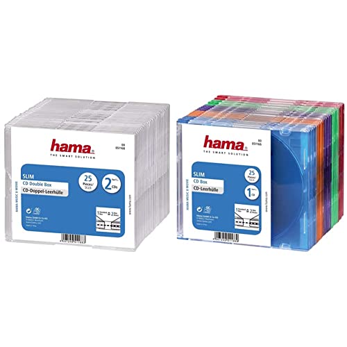 Hama CD-Doppelhüllen-Box im Super-Slim-Design für 50 CDs/DVDs/Blu-Rays, 25er-Pack, transparent & CD-ROM Slim Box (platzsparend, auch für DVD und Blu-ray geeignet, fünf) 25er Pack von Hama