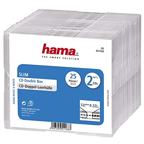 Hama CD-Doppelhüllen-Box im Super-Slim-Design für 50 CDs/DVDs/Blu-rays, 25er-Pack, transparent, single von Hama