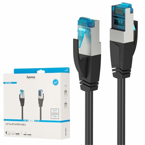 Hama Cat 6a Netzwerkkabel 10m, Gigabit Ethernet bis zu 10 Gbps (RJ45 Lankabel, S/FTP doppelt geschirmt, verdrillte Datenpaare, Knickschutz, schlanke Stecker, Ethernetkabel mit robustem Kabelmantel) von Hama