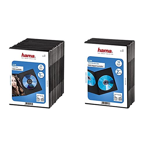 Hama DVD-Hülle Slim (auch passend für CDs und Blu-Rays, extra schmal, mit Folie zum Einstecken des Covers) 25er-Pack, schwarz & DVD-Doppelhülle Super Slim 10er-Pack Ultra schmal, schwarz von Hama