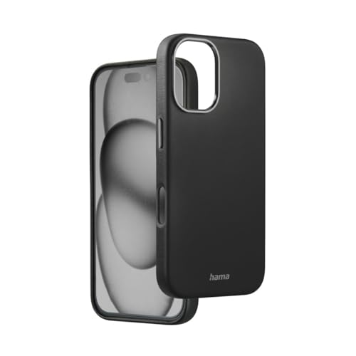 Hama Handyhülle für iPhone 16 (Kunstleder, Metall, Schutzhülle für Rückseite, extra Schutz für Kamera und Display, Wireless Charging kompatibel, weich, recycelt) schwarz von Hama