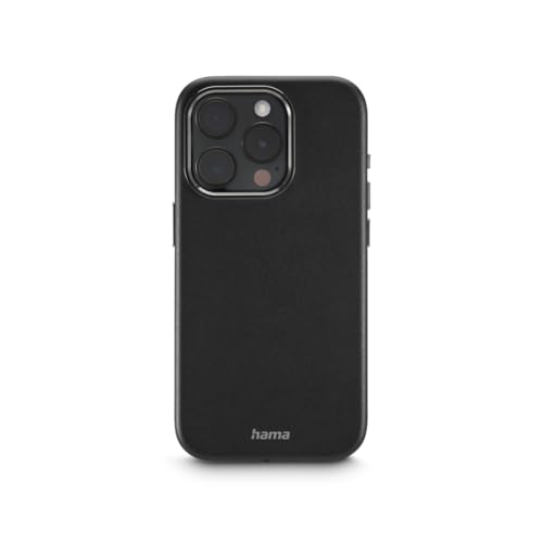 Hama Hülle für iPhone 15 Pro (Kunstleder, Metall, Handyhülle, elegante Schutzhülle für Rückseite, extra Schutz für Kamera und Display, Wireless Charging kompatibel, weich, recycelt, Handycase) schwarz von Hama