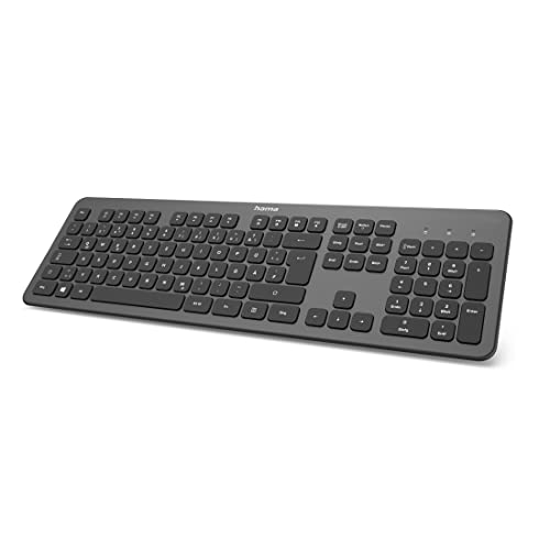 Hama Kabellose Tastatur "KW-700" (leise Tastatur, deutsches Tastenlayout QWERTZ mit Nummernblock für PC und Laptop, flache Tastatur mit 12 Media-Tasten, laserbeschriftete Funktastatur) schwarz, silber von Hama