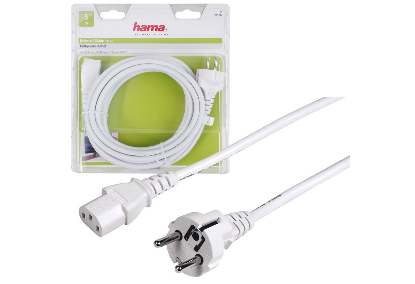 Hama Kaltgeräte-Zuleitung 5m Weiß Stromkabel, Schuko-Stecker, 3-Pol.-Kupplung (500 cm) von Hama
