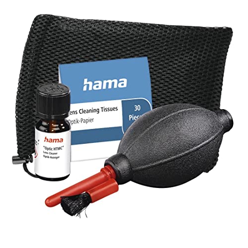 Hama Kamera Reinigungsset 4-teilig für professionelle Nassreinigung (Objektiv, Sensor und Kameralinse reinigen, Blasebalg mit Pinsel, Reinigungsflüssigkeit, Optik Papier, für DSLR, Brille, Fernglas) von Hama