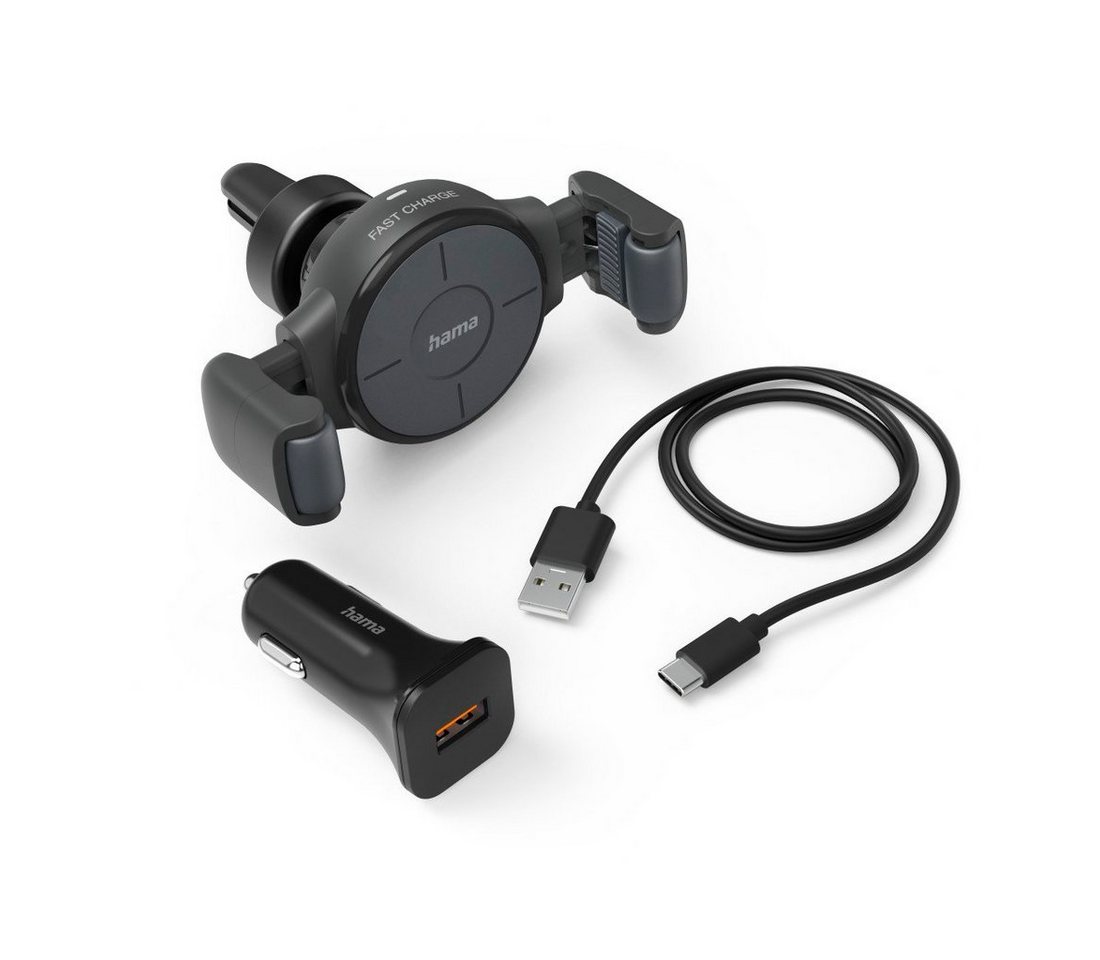 Hama Kfz Handy Ladegerät Set mit Halterung, KFZ Adapter und Ladekabel, Grau Wireless Charger (Qi-Technologie, Wireless Charging) von Hama