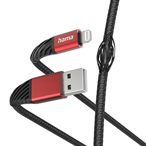 Hama Ladekabel „Extreme“ USB A auf Lightning, Nylon, 1,5m (iPhone Ladekabel, Lightning Kabel, iPhone 14 13 12 11 Pro Max Plus mini SE XS Max XR X 8 7, iPad Pro Air mini, MFI zertifiziert) schwarz/rot von Hama