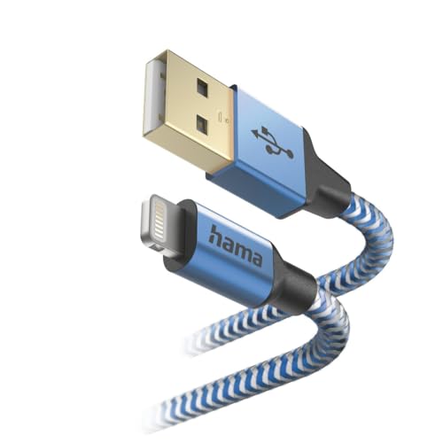 Hama Ladekabel „Reflective“ USB A auf Lightning, Nylon, 1,5m (iPhone Ladekabel, Lightning Kabel, iPhone 14 13 12 11 Pro Max Plus mini SE XS Max XR X 8 7, iPad Pro Air mini, MFI zertifiziert) blau von Hama