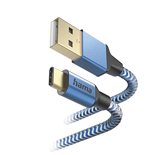Hama Ladekabel „Reflective“ USB A auf USB C, Nylon, 1,5m (Schnellladung, Handy Ladekabel, Datenkabel, USB Kabel, Handykabel, USB Typ A Typ C, Knickschutz, flexibel, vergoldet, maximal kompatibel) blau von Hama
