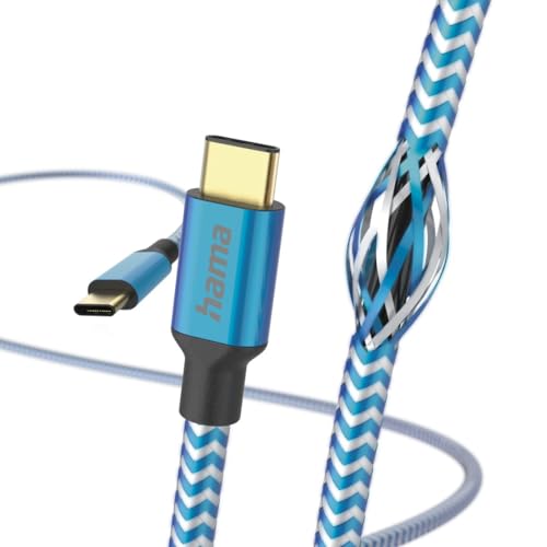 Hama Ladekabel „Reflective“ USB C auf USB C, Nylon, 1,5m (Schnellladung, Handy Ladekabel, Datenkabel, USB Kabel, Handykabel, USB Typ C, Knickschutz, flexibel, vergoldet, maximal kompatibel) blau von Hama