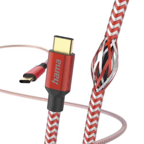 Hama Ladekabel „Reflective“ USB C auf USB C, Nylon, 1,5m (Schnellladung, Handy Ladekabel, Datenkabel, USB Kabel, Handykabel, USB Typ C, Knickschutz, flexibel, vergoldet, maximal kompatibel) rot von Hama