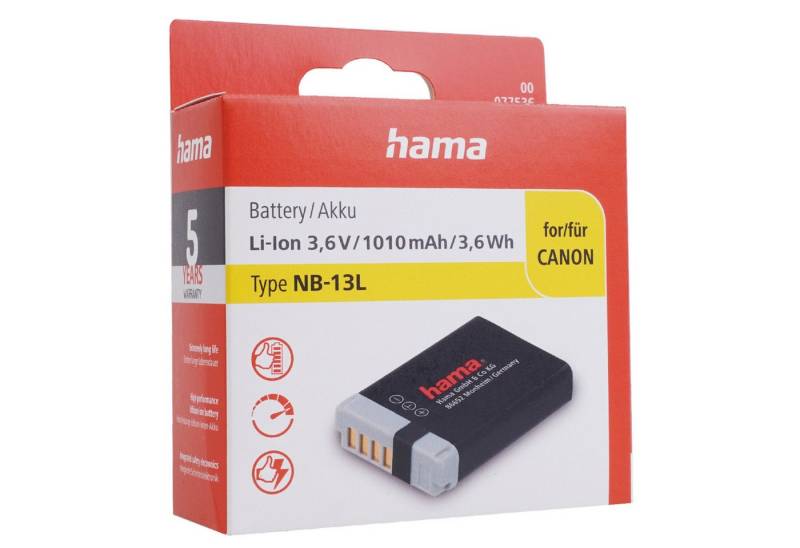 Hama Li-Ion Akku 3,6V passend für Canon NB-13L Kamera-Akku 1010 mAh (3,6 V), passend für Canon PowerShot G5X G7X G9X SX620 SX720 SX730 SX740 etc von Hama
