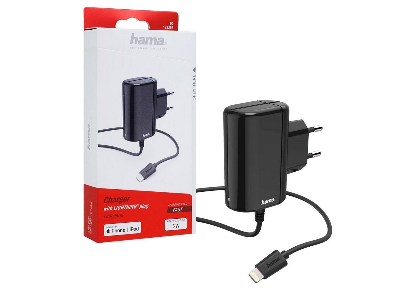 Hama Lightning Schnell Ladegerät 5W 1A 5V Schwarz Smartphone-Ladegerät (Ladekabel Netzteil passend für Apple iPhone iPod etc) von Hama