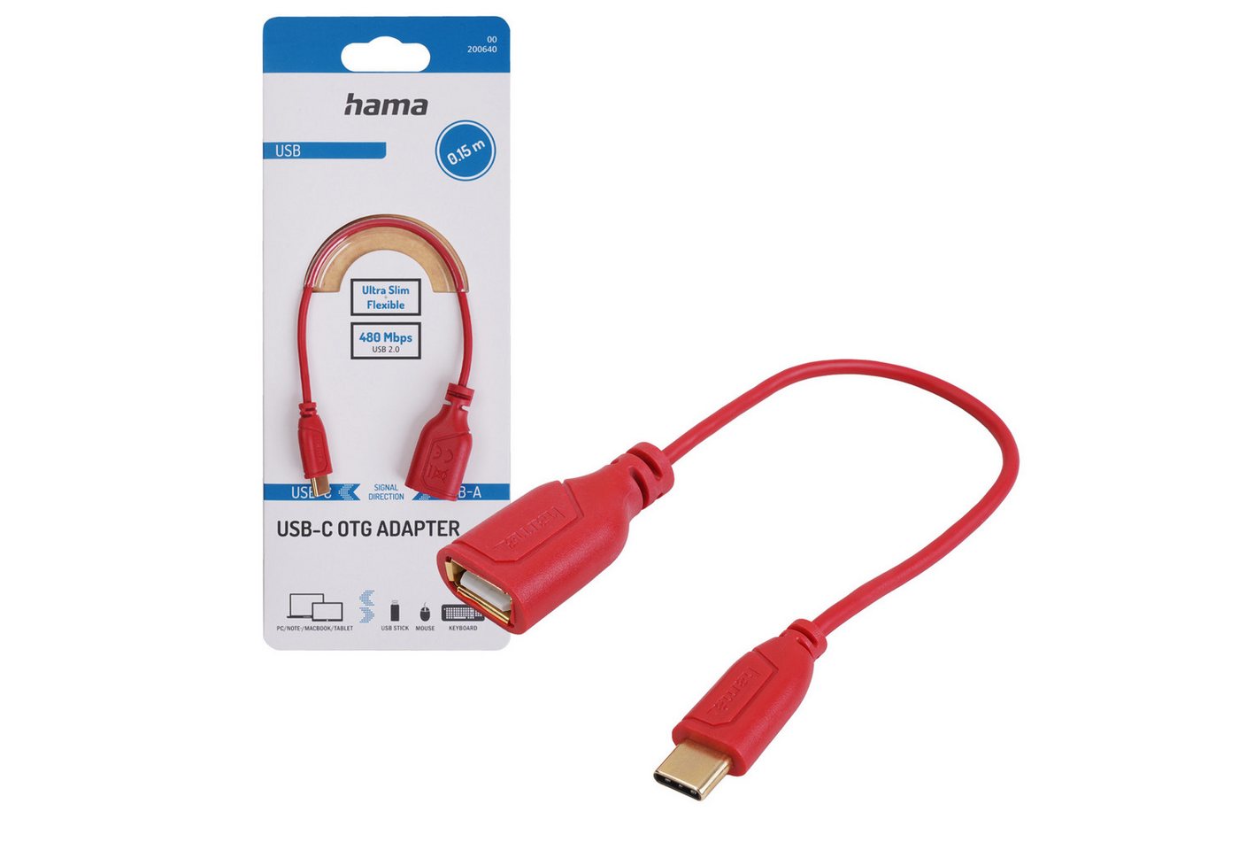 Hama OTG Adapter-Kabel USB-C auf USB-A Rot USB-Kabel, USB-C, USB-A (15 cm), USB Typ C Konverter für Smartphone Handy Tablet PC Notebook Laptop von Hama
