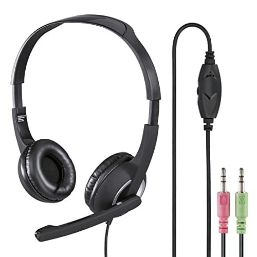 Hama PC Headset mit Mikrofon (ultra leichte Kopfhörer, On-Ear Ohrhörer, gepolsterte Ohrmuscheln, Stereo, Computer-Kopfhörer mit Lautstärkeregler am Kabel, 2 m Kabellänge, 3,5 mm Klinke) schwarz von Hama