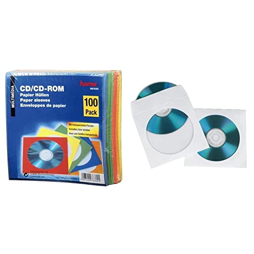 Hama Papierleerhüllen 100er-Pack, farblich Sortiert & CD-/DVD-/Blu-ray Papierhüllen (mit transparentem Sichtfenster, verschließbar) 100er-Pack, weiß von Hama