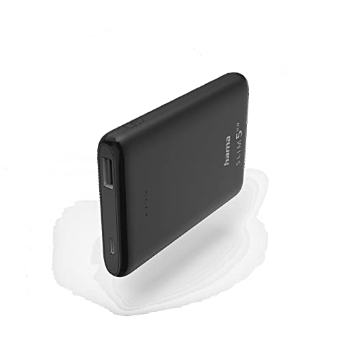 Hama Powerbank Slim 5HD 5000mAh (externer Akku mit 1x USB A, Power Pack Zertifiziert, Akkupack Handy, Tablet, Bluetooth-Lautsprecher etc., tragbares Ladegerät klein, mobiler Akku) schwarz von Hama