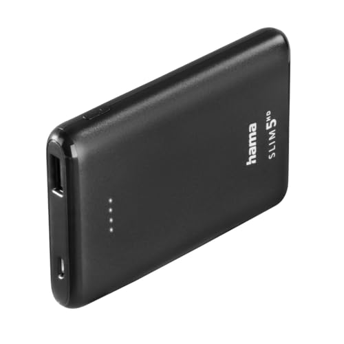 Hama Powerbank Slim 5HD 5000mAh (externer Akku mit 1x USB A, Power Pack Zertifiziert, Akkupack Handy, Tablet, Bluetooth-Lautsprecher etc., tragbares Ladegerät klein, mobiler Akku) schwarz von Hama