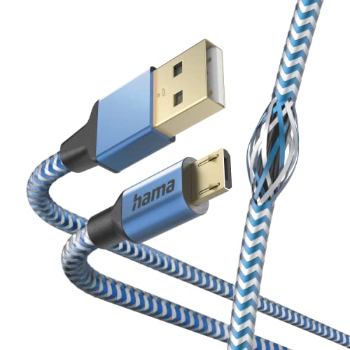 Hama Reflektierendes Micro-USB-Kabel (Lade- und Datenübertragungskabel USB-A 2.0 Stecker auf Micro-USB, Aluminiumstecker, reflektierendes Kabel, knicksicher, Nylongeflecht, 1,5 m), Blau von Hama