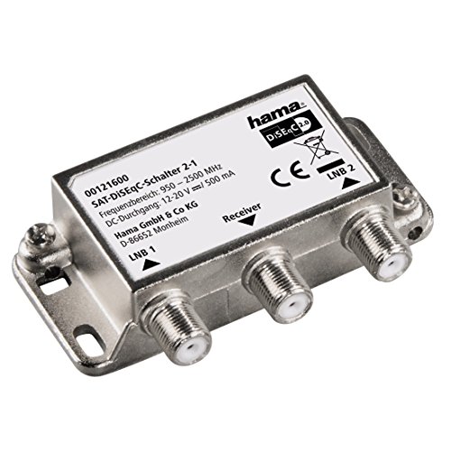 Hama SAT-DiSEqC-Schalter 2-1 (zum Anschluss von 2 Single LNBs an einen Receiver, um 2 Satellitenpositionen zu nutzen, wetterfest, Vollmetallgehäuse, 22 kHz Durchgang für Außen) von Hama