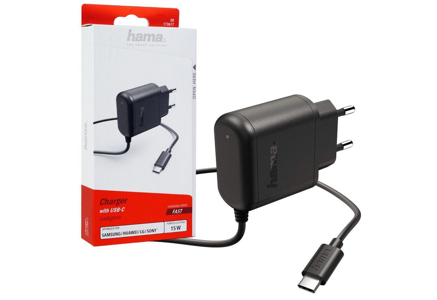 Hama Schnell-Ladegerät USB-C Fast Charge 3A 15W Smartphone-Ladegerät (Universal Netzteil Eingangsspannung 110/240 V für Tablet PC Handy etc) von Hama