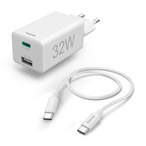 Hama Schnellladegerät, 2 Ports, mit Ladekabel, 32W (USB A, USB C, Quick Charge, Power Delivery, USB Ladegerät, für Handy, AirPods, Tablet etc., Ladekabel Typ C Ladegerät, Mehrfach Ladeadapter) weiß von Hama