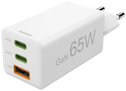 Hama Schnellladegerät, 2x USB-C PD, 1x USB-A QC, Mini-Ladegerät, 65W, Weiß USB-Ladegerät Innenbe von Hama