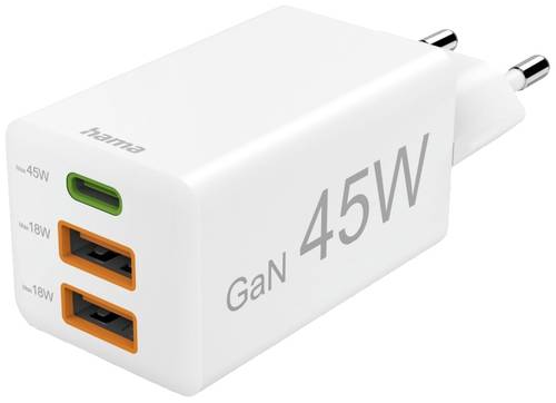 Hama Schnellladegerät, GaN, 1x USB-C PD, 2x USB-A QC, Mini-Ladegerät, 45 W, Weiß USB-Ladegerät I von Hama