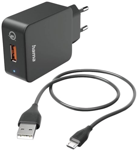 Hama Schnellladegerät, mit Ladekabel Micro USB, 19,5W (Set, Qualcomm Quick Charge 3.0, USB Ladegerät, für Handy, Smartphone, Tablet, Power Pack, Micro-USB Ladegerät, schnellladen, klein) schwarz von Hama